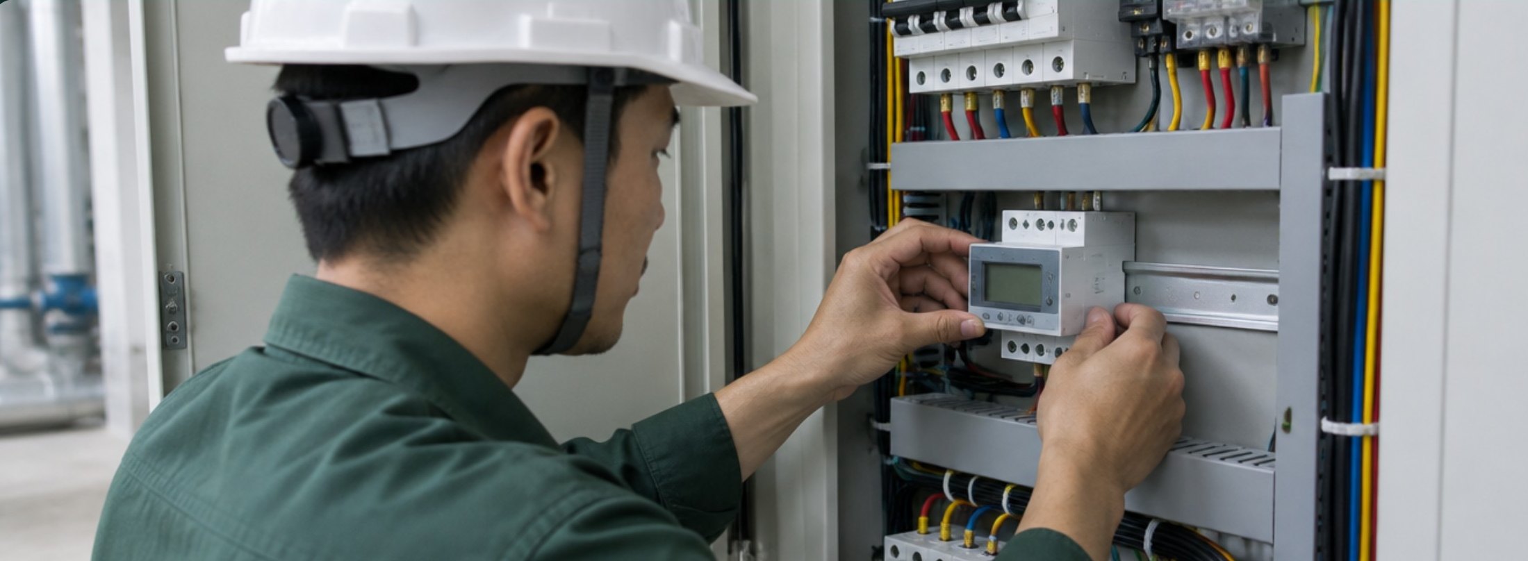 Kỹ thuật viên lắp đồng hồ đo điện phụ trong tủ điện của tòa nhà