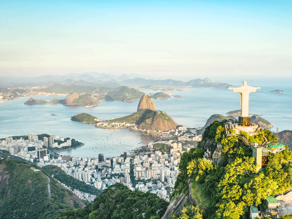 Aerial view of Rio de Janeiro, Brazil with Christ the Redeemer overlooking Guanabara Bay